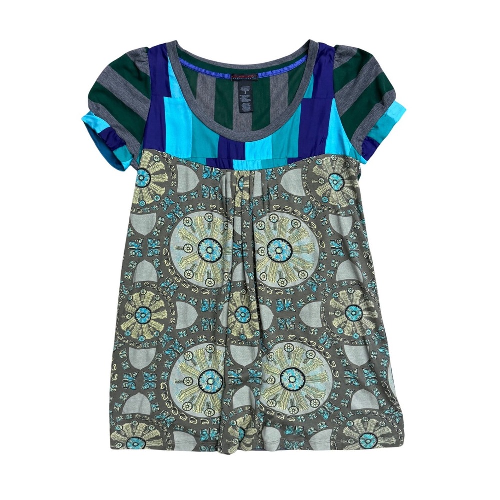 Custo Barcelona Mixed Media Boho Art to Wear Y2K Tunic Top babydoll silk Stripe